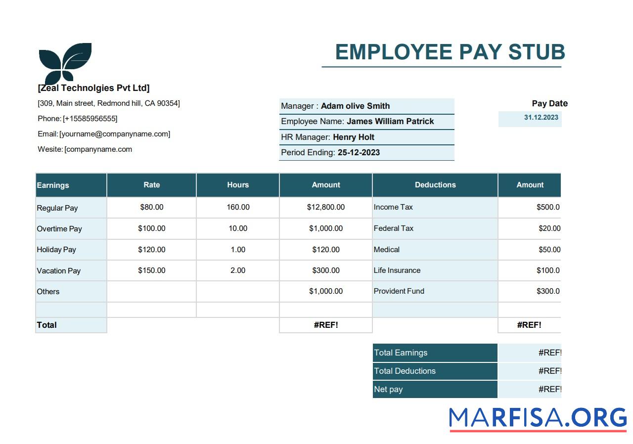 Printable Employee pay stub, version 5 real example